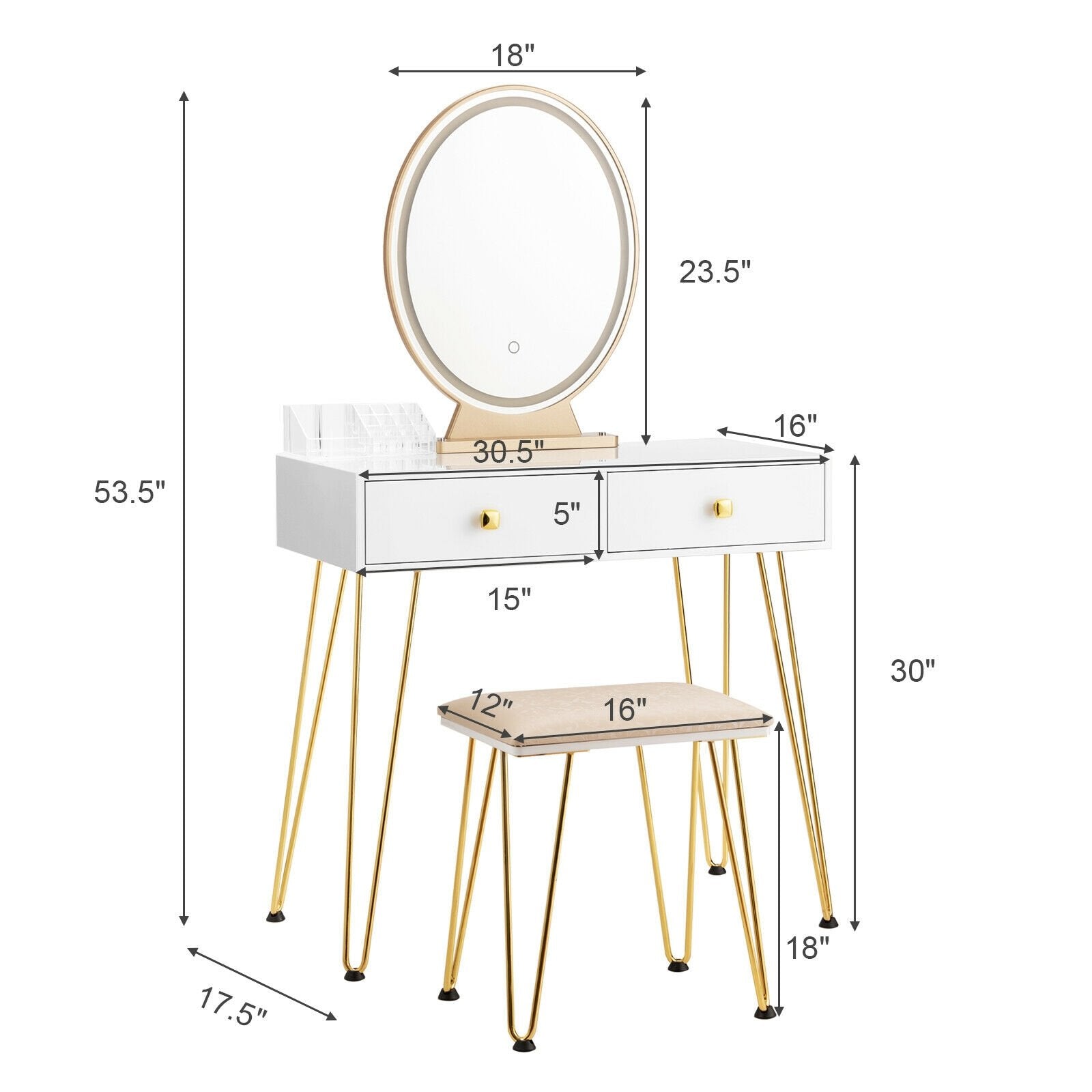Industrial Makeup Dressing Table with 3 Lighting Modes, White at Gallery Canada