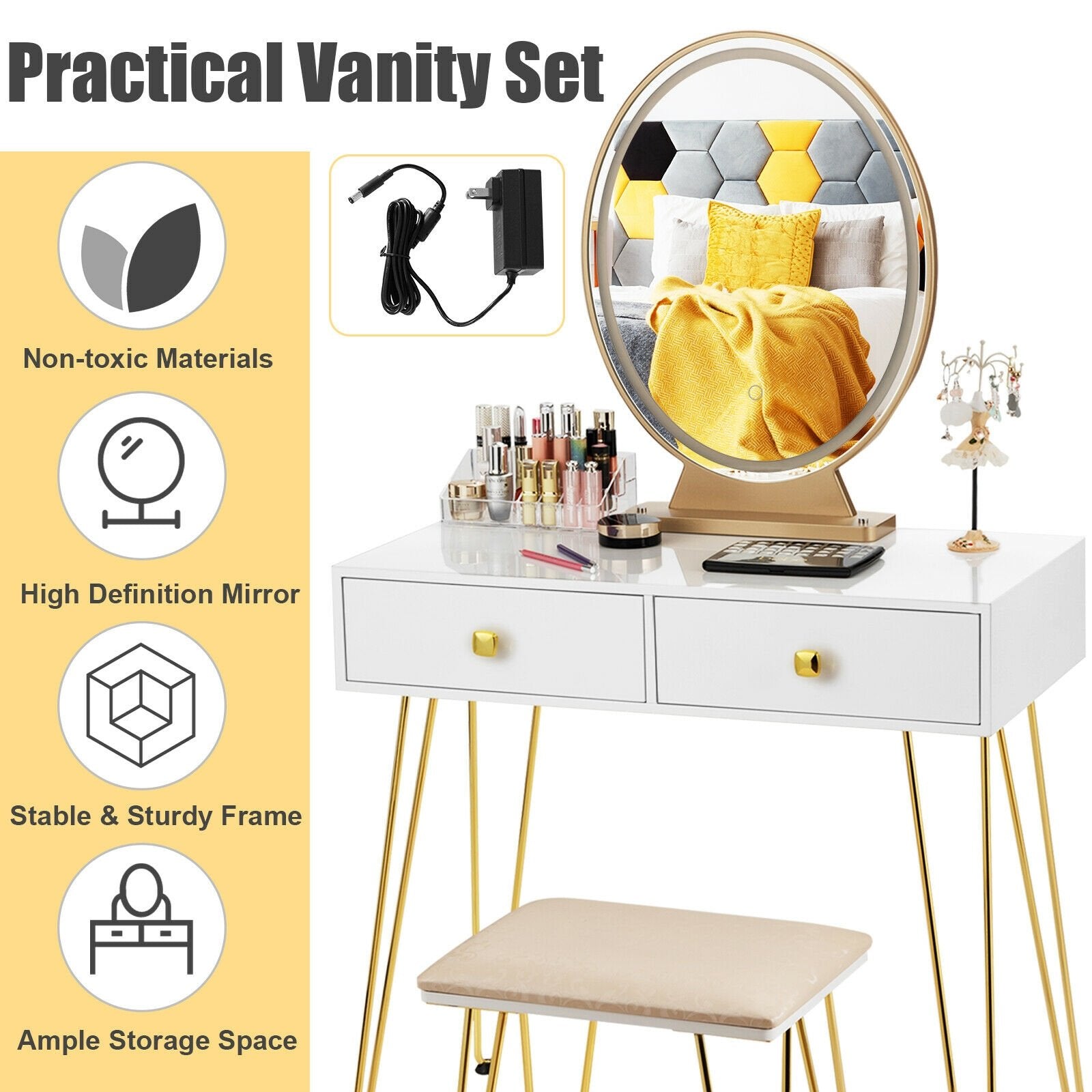 Industrial Makeup Dressing Table with 3 Lighting Modes, White at Gallery Canada