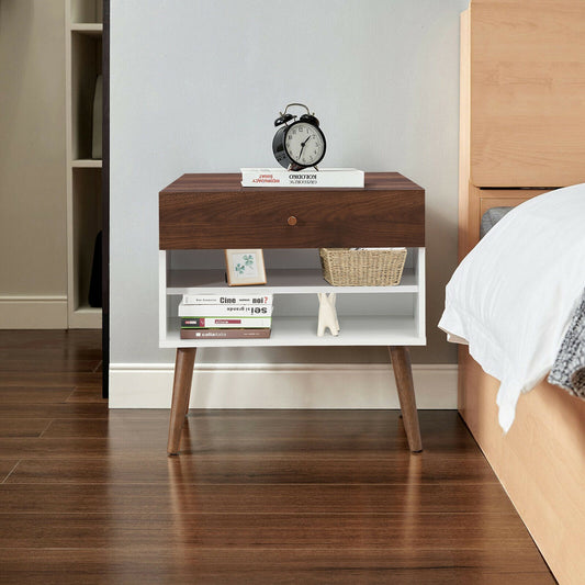 Mid-Century Nightstand With Drawer, Rubber Wood Legs, Brown Nightstands Brown at Gallery Canada