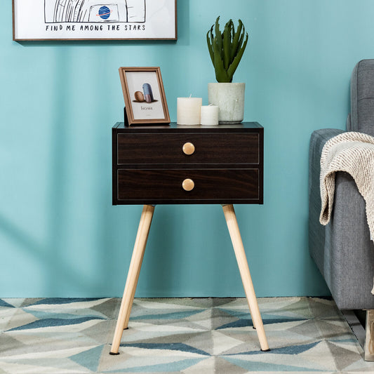 Mid Century Modern Nightstand, 2 Drawers, Natural, Brown Nightstands Brown at Gallery Canada