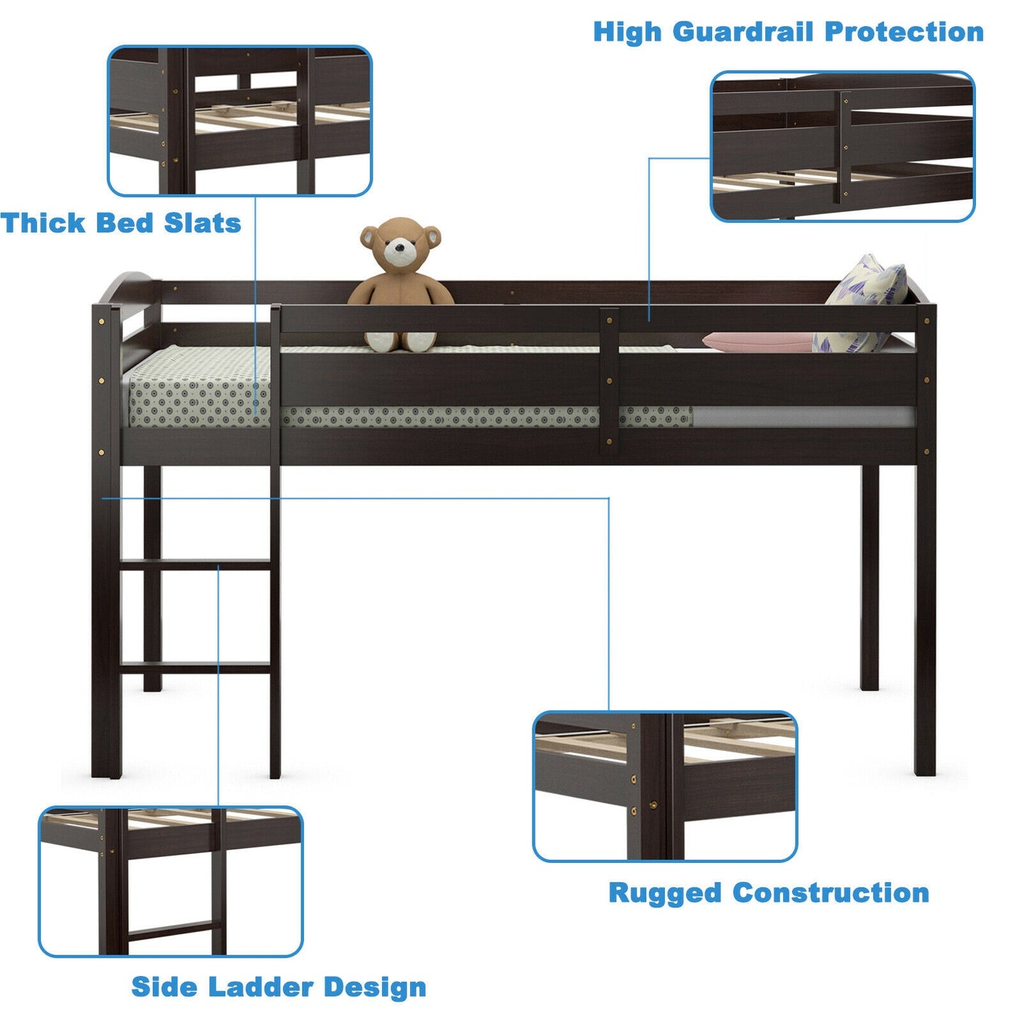 Wooden Twin Low Loft Bunk Bed with Guard Rail and Ladder, Dark Brown Bunk Bed Frame at Gallery Canada