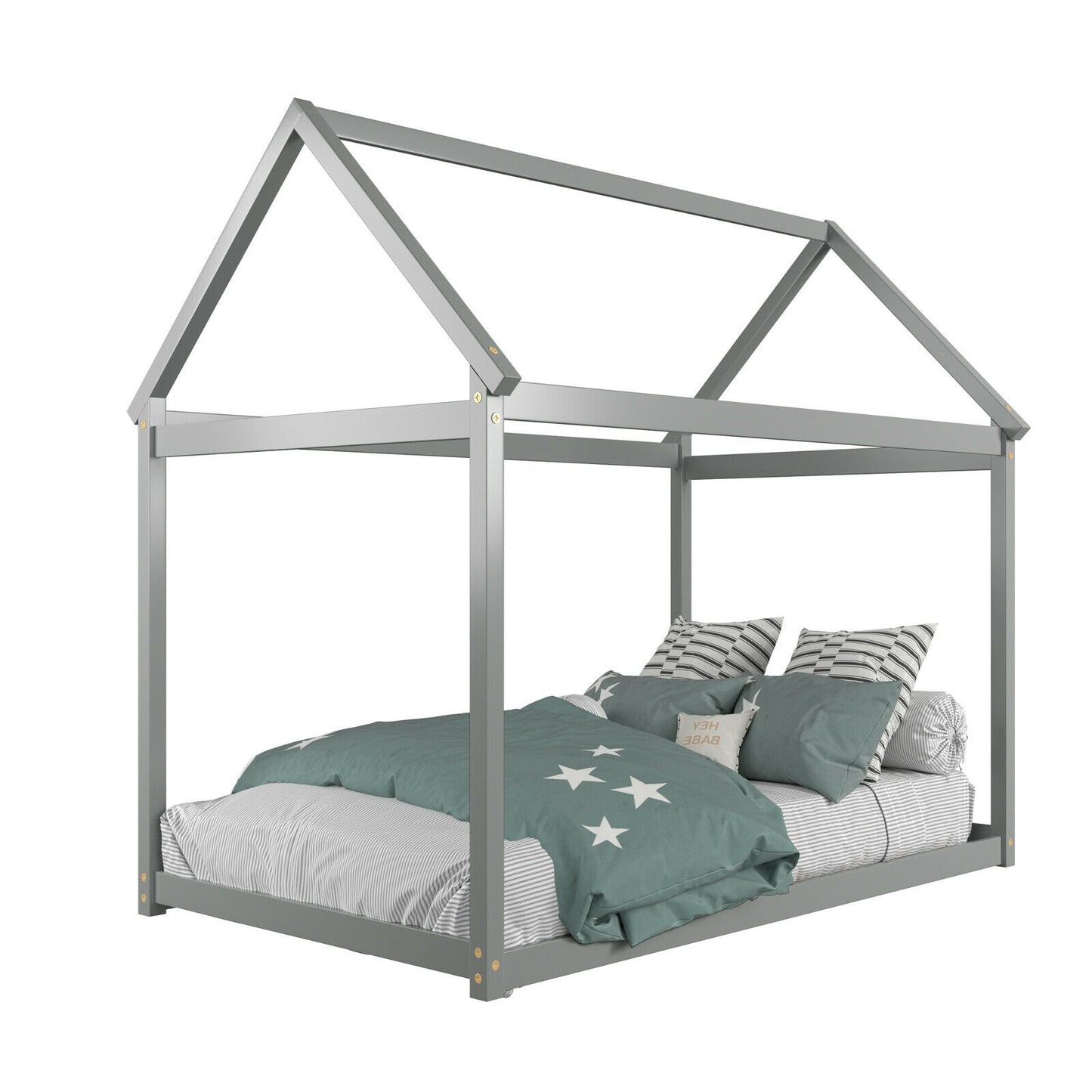 Kids Platform Floor Bed With Roof, Heavy-Duty Slats, Gray Simple Bed Frame at Gallery Canada