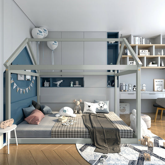 Kids Platform Floor Bed With Roof, Heavy-Duty Slats, Gray Simple Bed Frame Gray at Gallery Canada