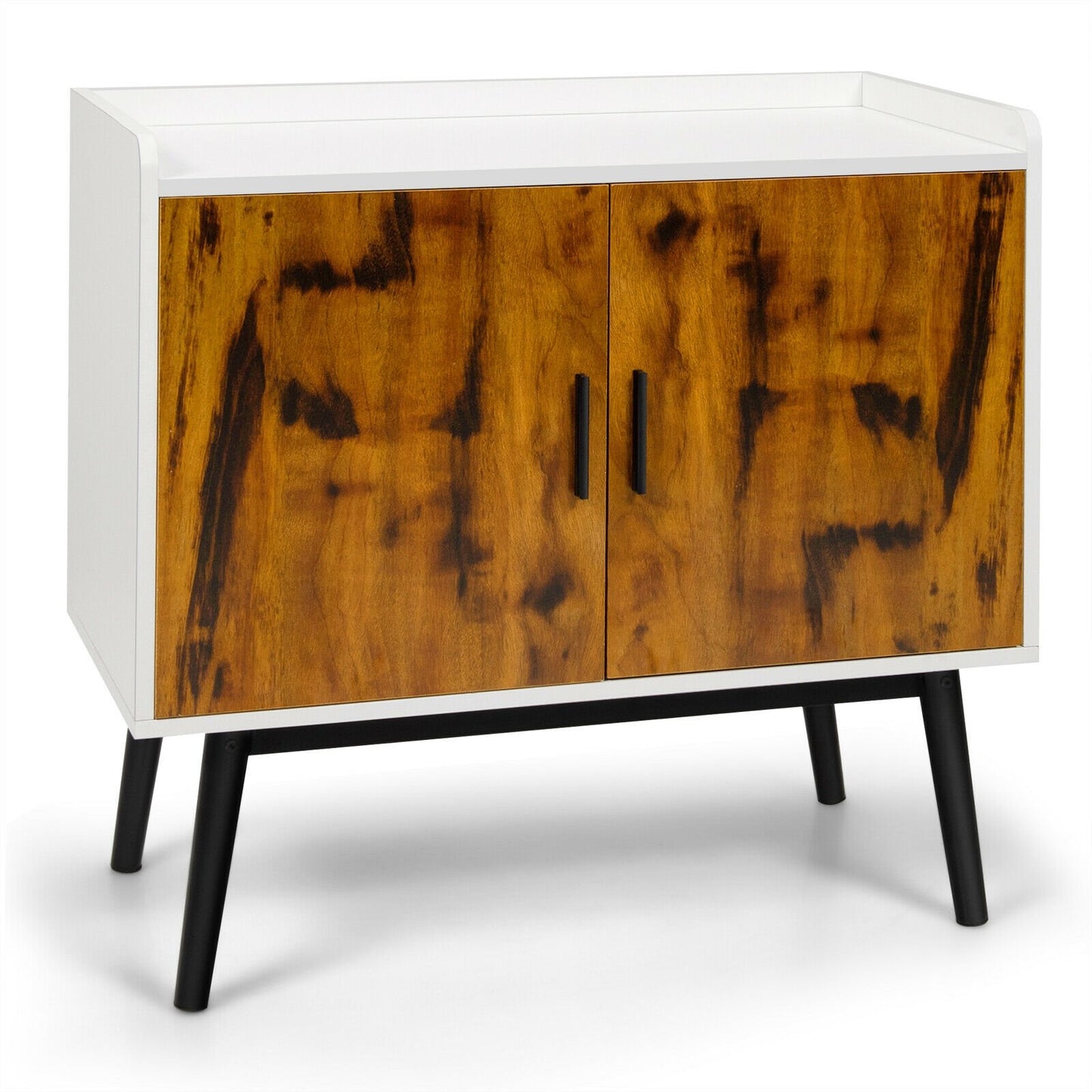 Mid-Century Wood Storage Cabinet with 2 Doors and Metal Legs for Entryway, Brown & White at Gallery Canada