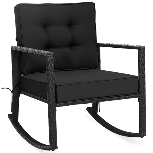 Patio Rattan Rocker Outdoor Glider Rocking Chair Cushion Lawn, Black