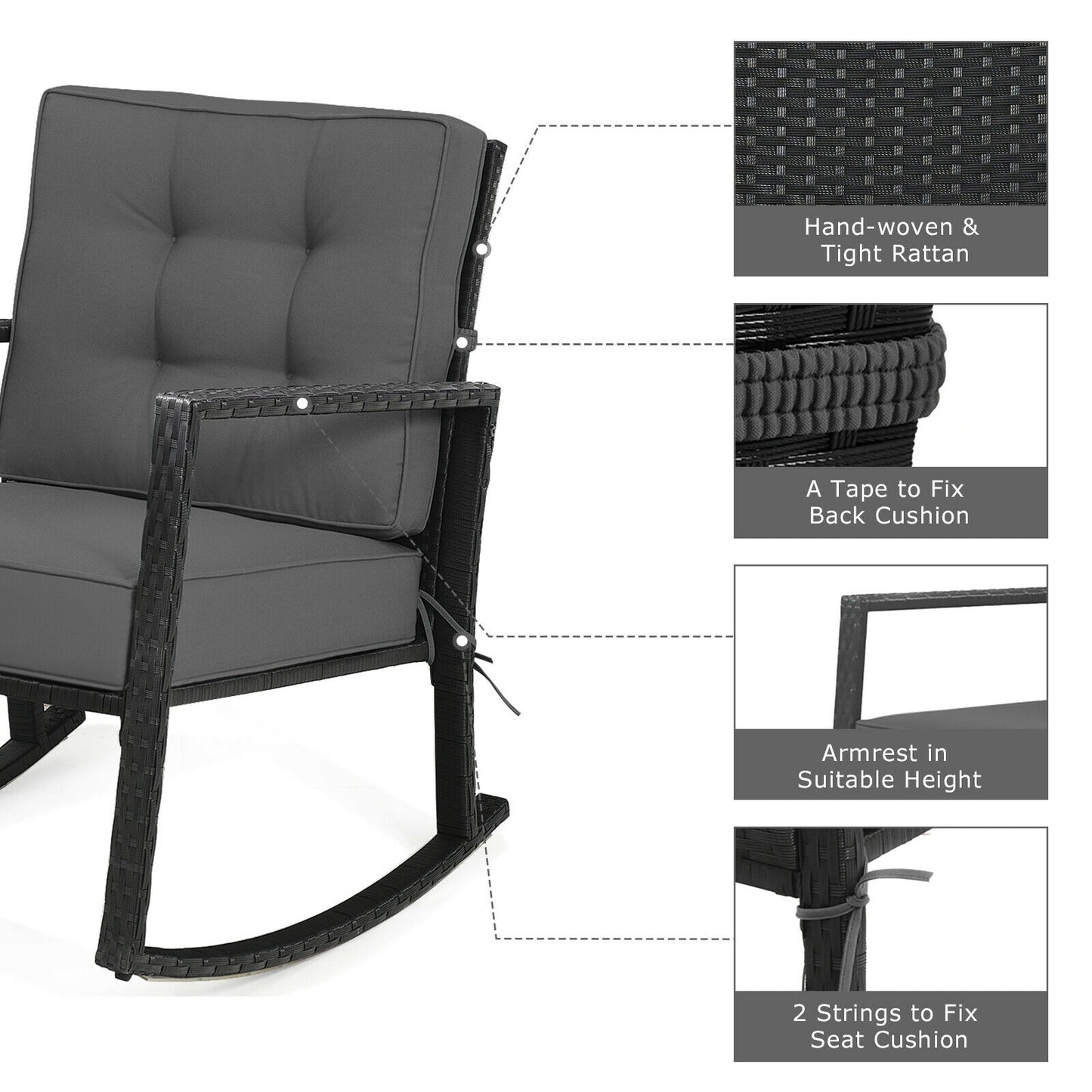 Patio Rattan Rocker Outdoor Glider Rocking Chair Cushion Lawn, Gray Patio Rocking Chairs & Gliders at Gallery Canada