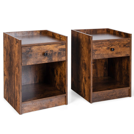 Set of 2 Nightstand with Drawer Cabinet End Side Table Raised Top, Brown at Gallery Canada
