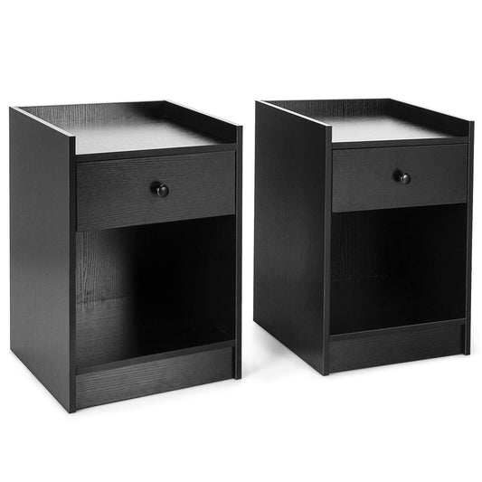 Set of 2 Nightstand with Drawer Cabinet End Side Table Raised Top, Black at Gallery Canada