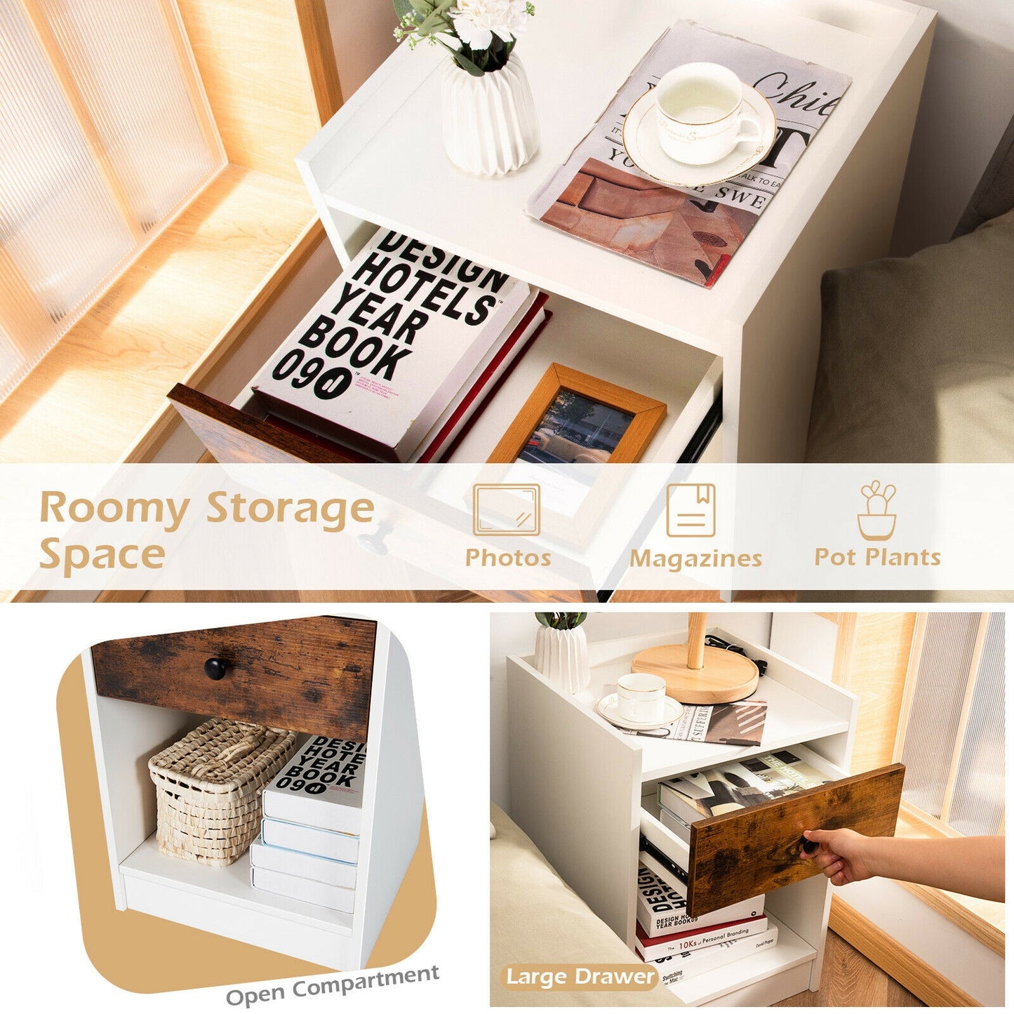 Set of 2 Nightstand with Drawer Cabinet, White Nightstands at Gallery Canada
