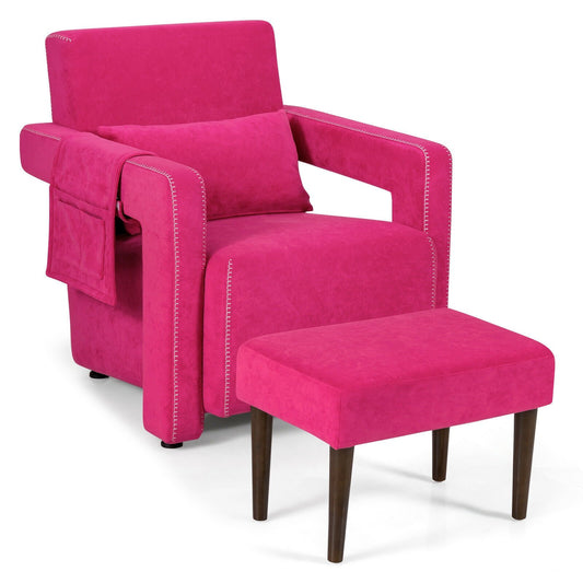 Modern Berber Fleece Single Sofa Chair with Ottoman and Waist Pillow, Red