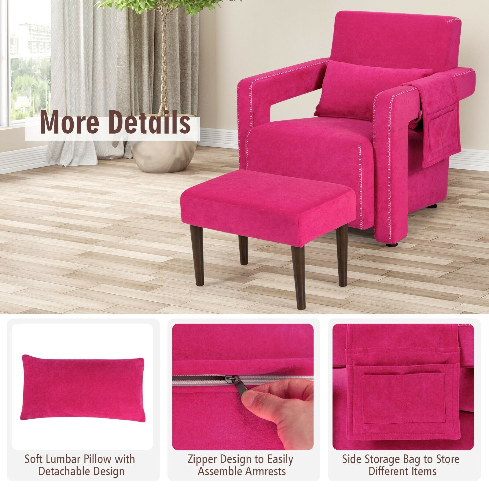 Modern Berber Fleece Single Sofa Chair with Ottoman and Waist Pillow, Red at Gallery Canada