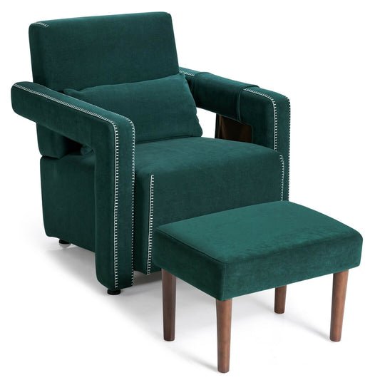 Modern Berber Fleece Single Sofa Chair with Ottoman and Waist Pillow, Green
