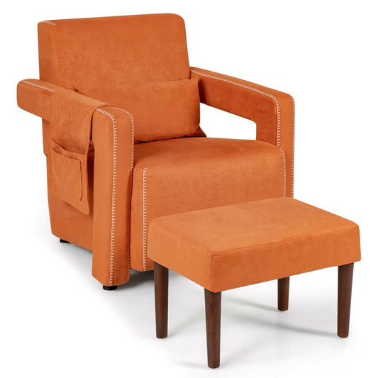 Modern Berber Fleece Single Sofa Chair with Ottoman and Waist Pillow, Orange
