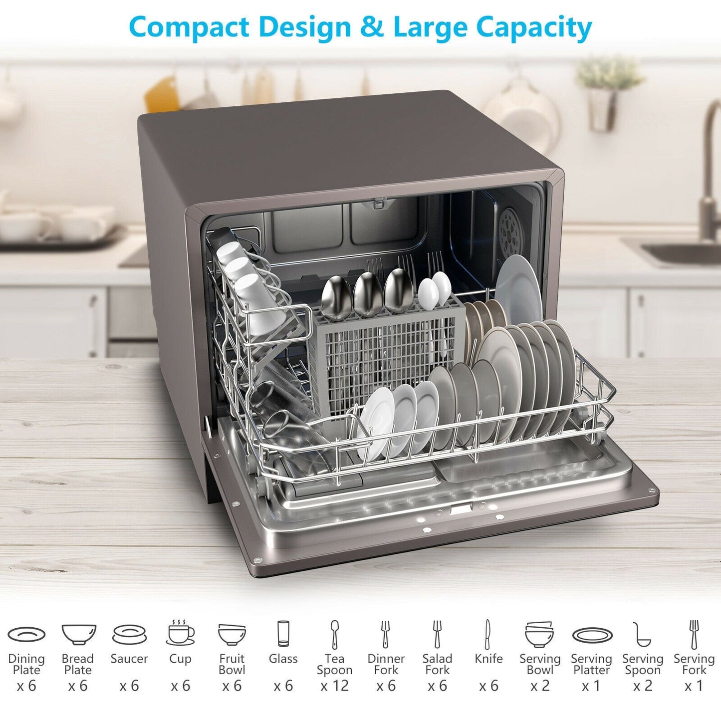 6 Place Setting Countertop or Built-in Dishwasher Machine with 5 Programs, Black