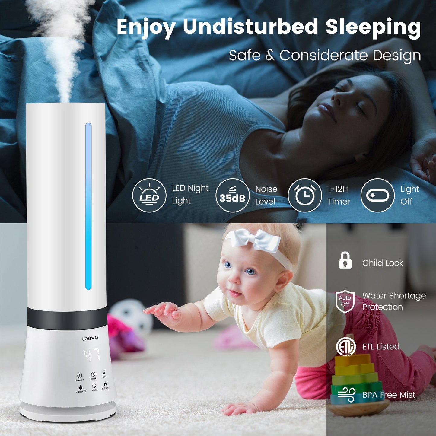 5.5L Cool Mist Humidifiers with Remote Control and 12 Hours Timer, White