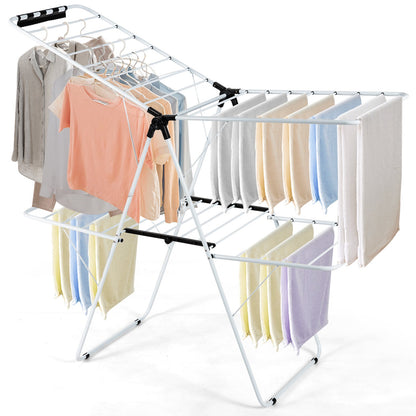 2-Level Foldable Clothes Drying Rack with Adjustable Gullwing, White