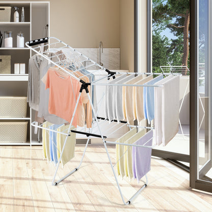2-Level Foldable Clothes Drying Rack with Adjustable Gullwing, White