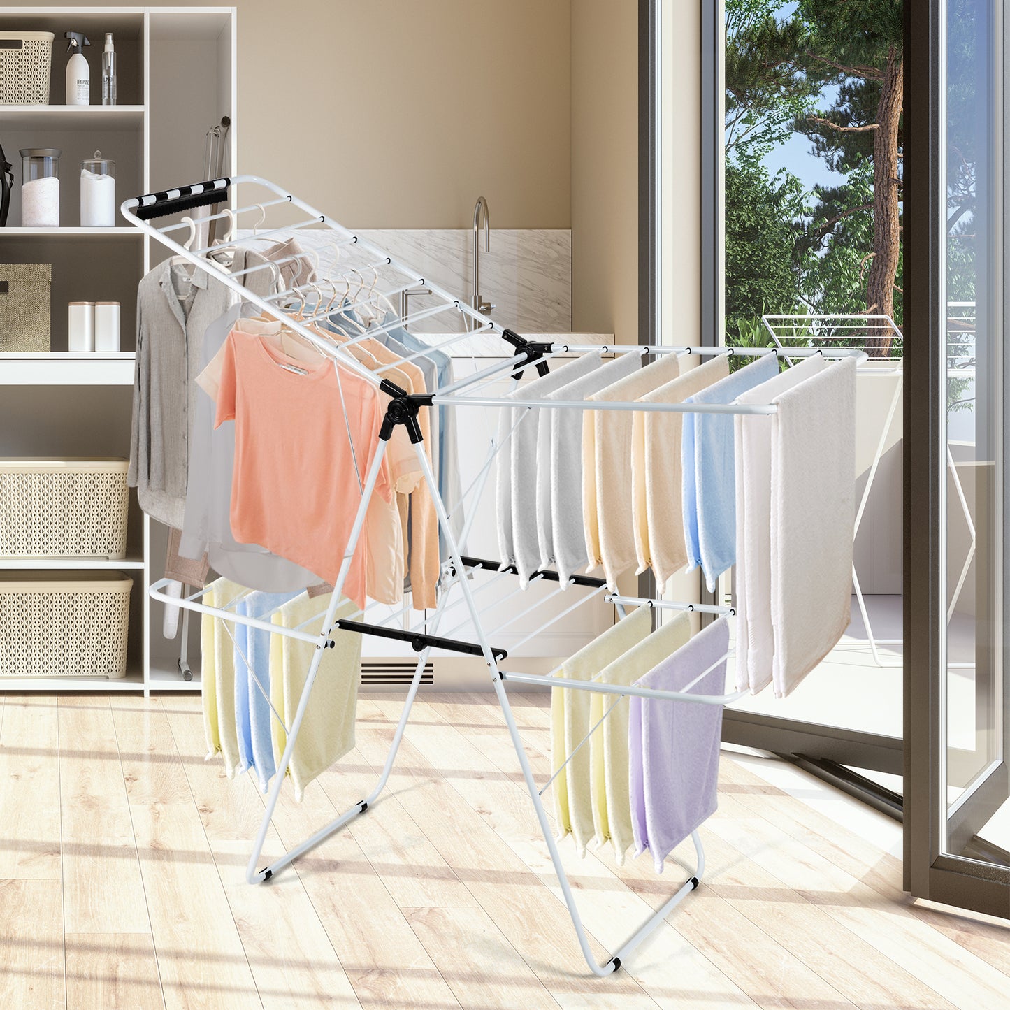2-Tier Foldable Clothes Drying Rack with Adjustable Gullwing, White Drying Racks at Gallery Canada