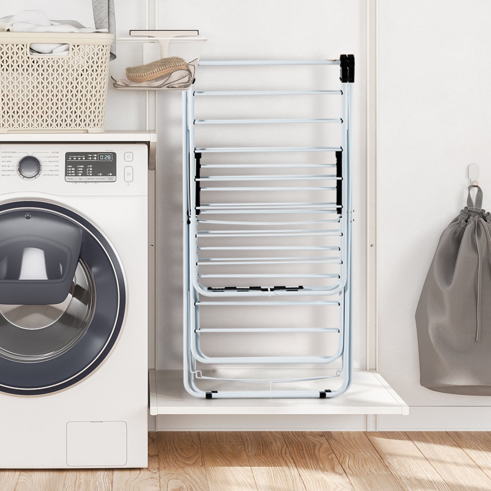 2-Tier Foldable Clothes Drying Rack with Adjustable Gullwing, White Drying Racks at Gallery Canada