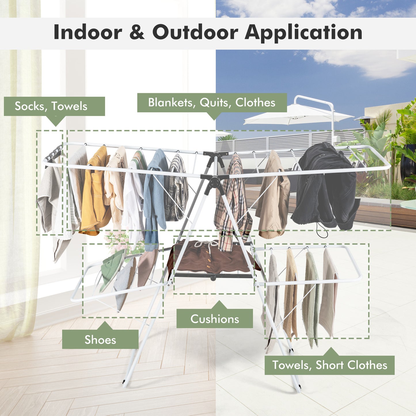 2-Tier Foldable Clothes Drying Rack, Adjustable Gullwing, White