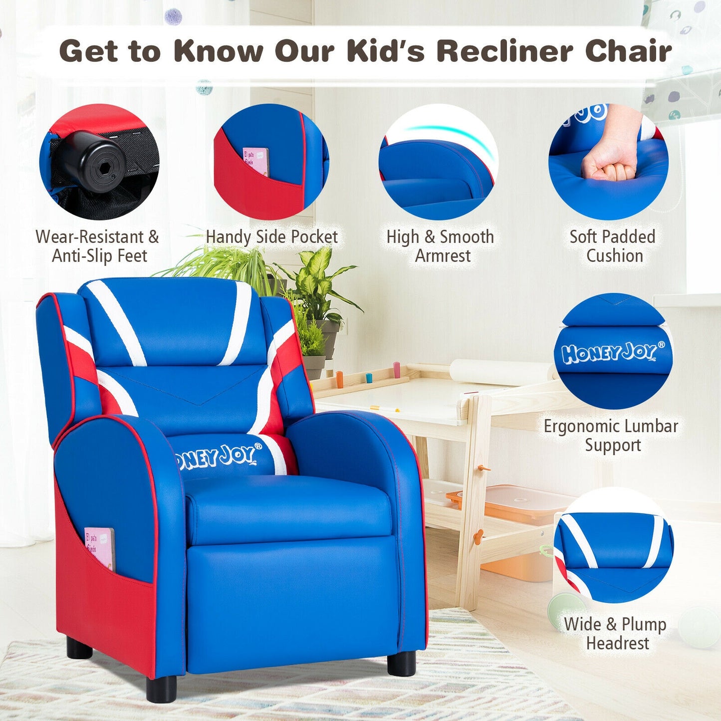 Kids Leather Recliner Chair, With Side Pockets, Blue