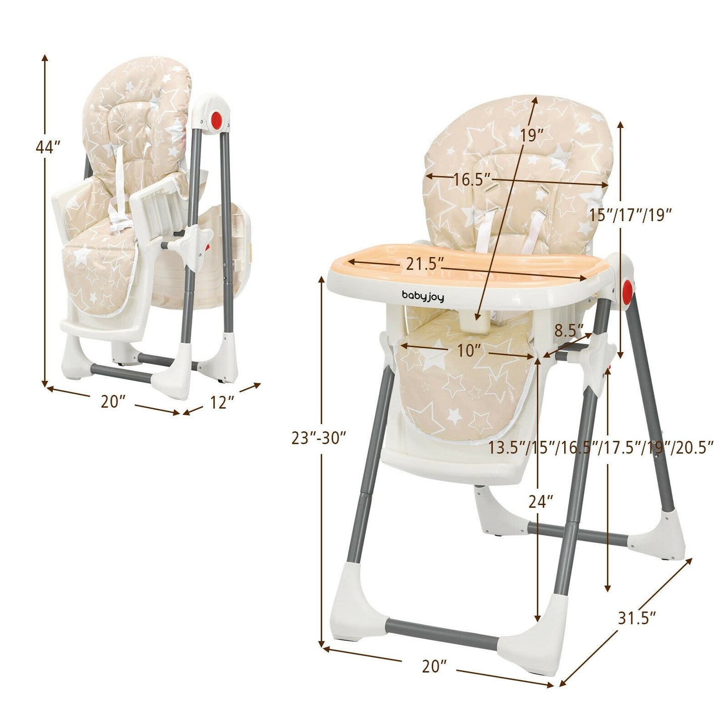Folding Baby High Dining Chair with 6-Level Height Adjustment, Beige