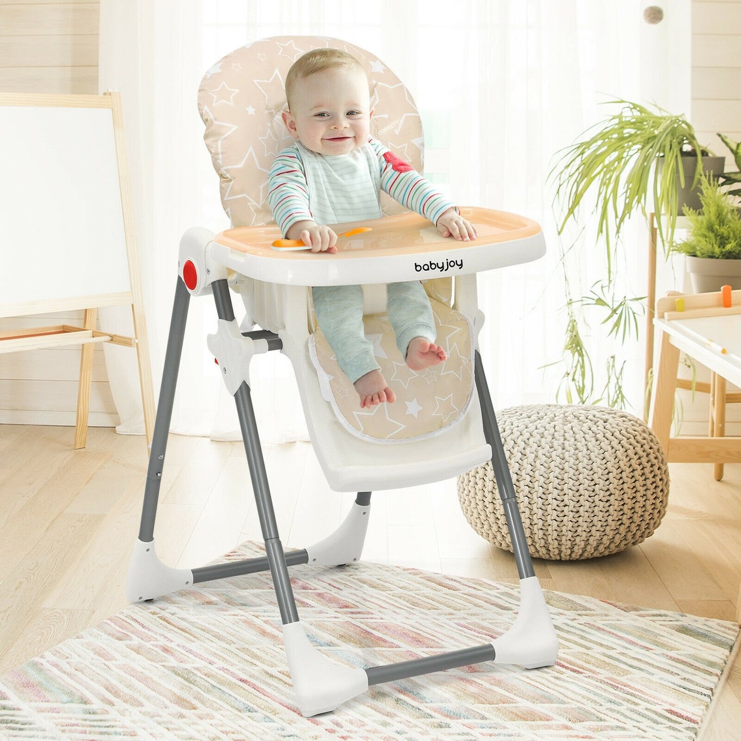 Folding Baby High Dining Chair with 6-Level Height Adjustment, Beige