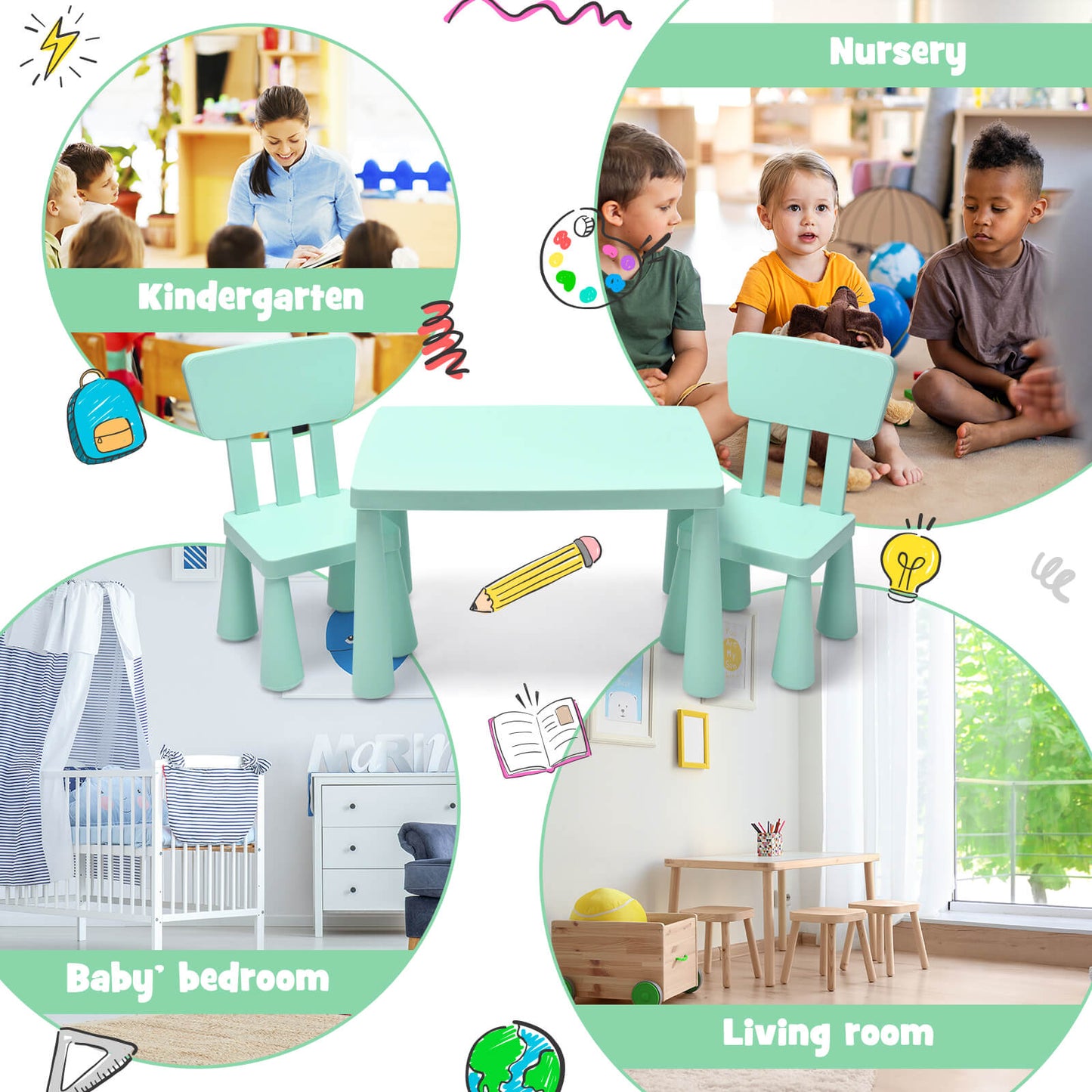 3 Pieces Toddler Multi Activity Play Dining Study Kids Table and Chair Set, Green Kids Table & Chair Sets at Gallery Canada