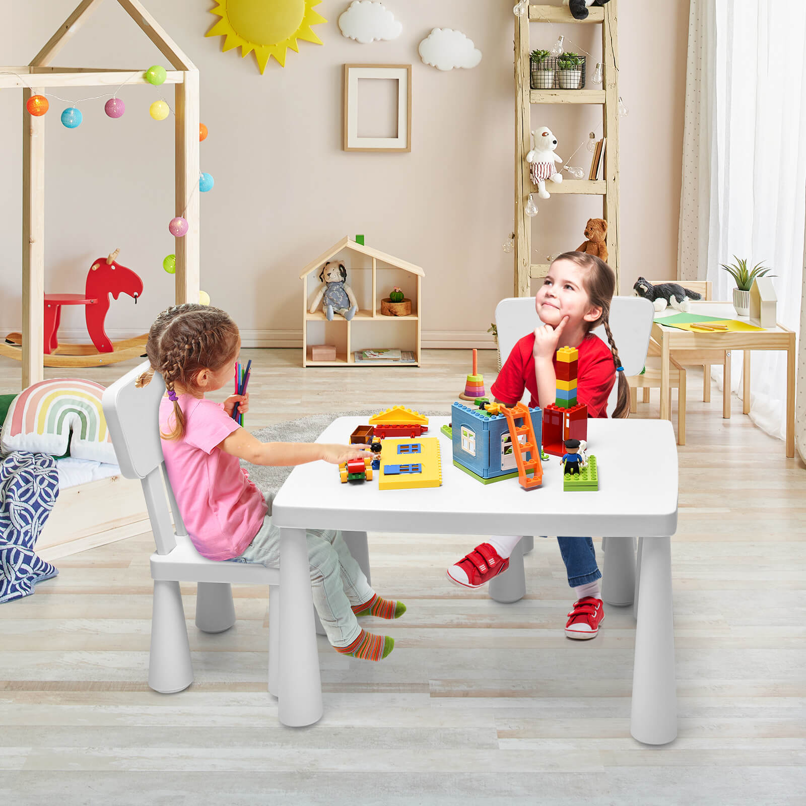 3 Pieces Toddler Multi Activity Play Dining Study Kids Table and Chair Set, White at Gallery Canada