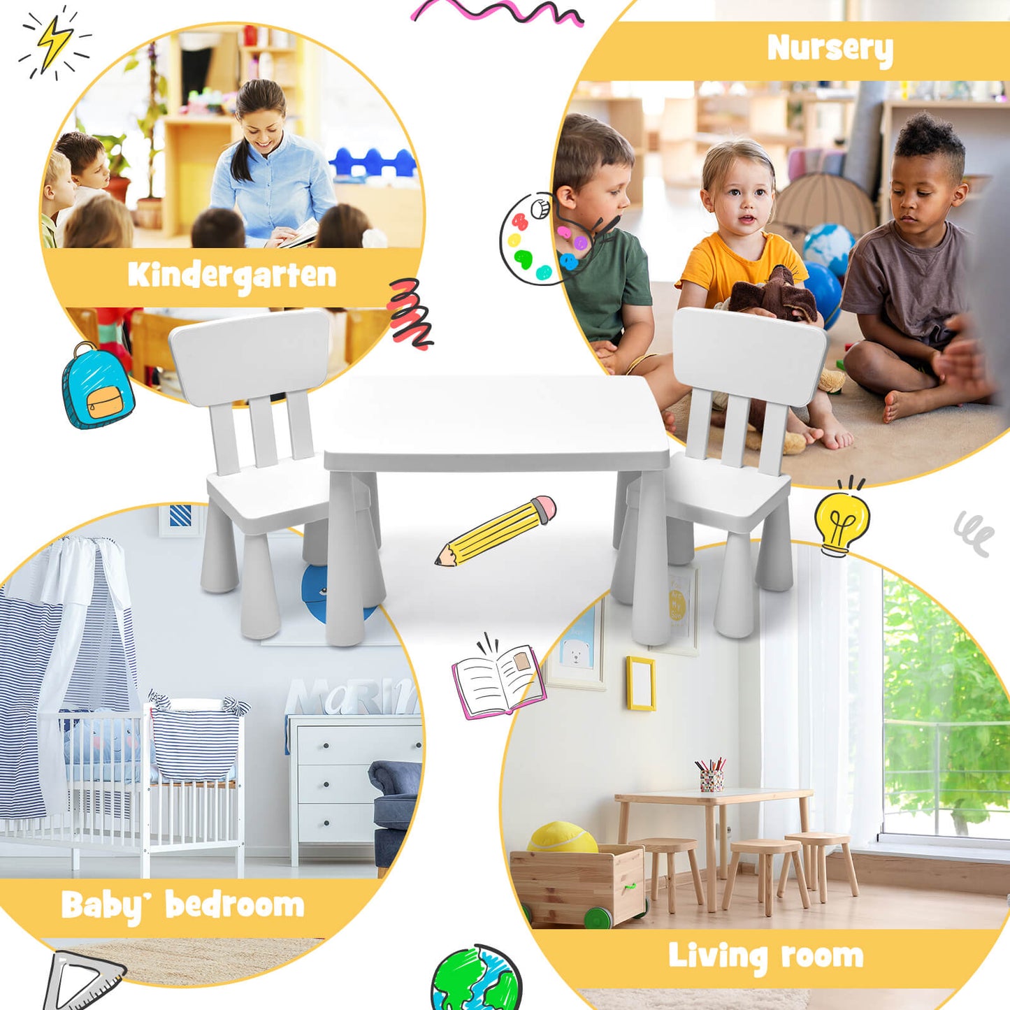 Toddler Activity Play Table And Chair Set, 3 Pieces, White Kids Table & Chair Sets at Gallery Canada