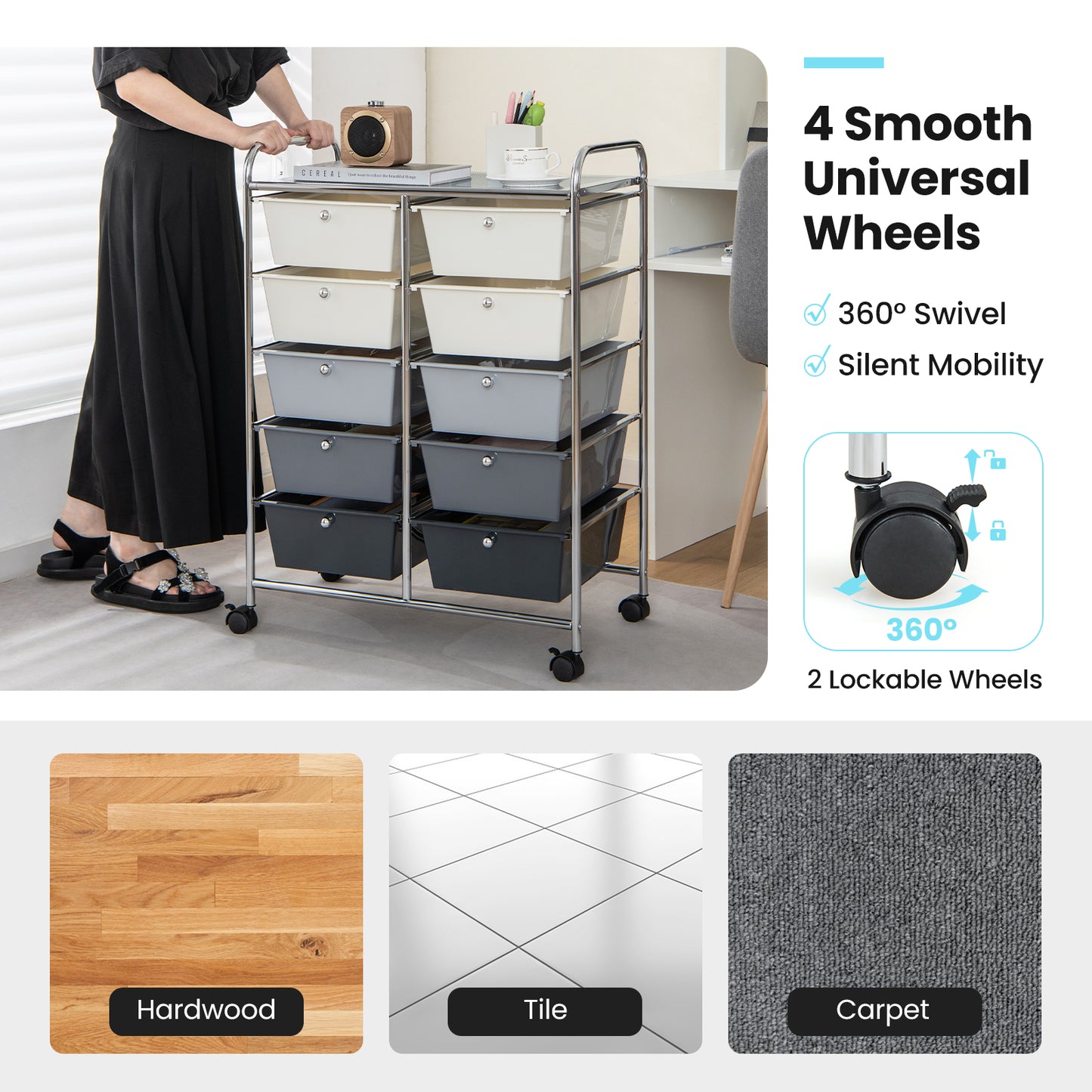 10-Drawer Rolling Storage Cart, Gray, Beige File Cabinets at Gallery Canada