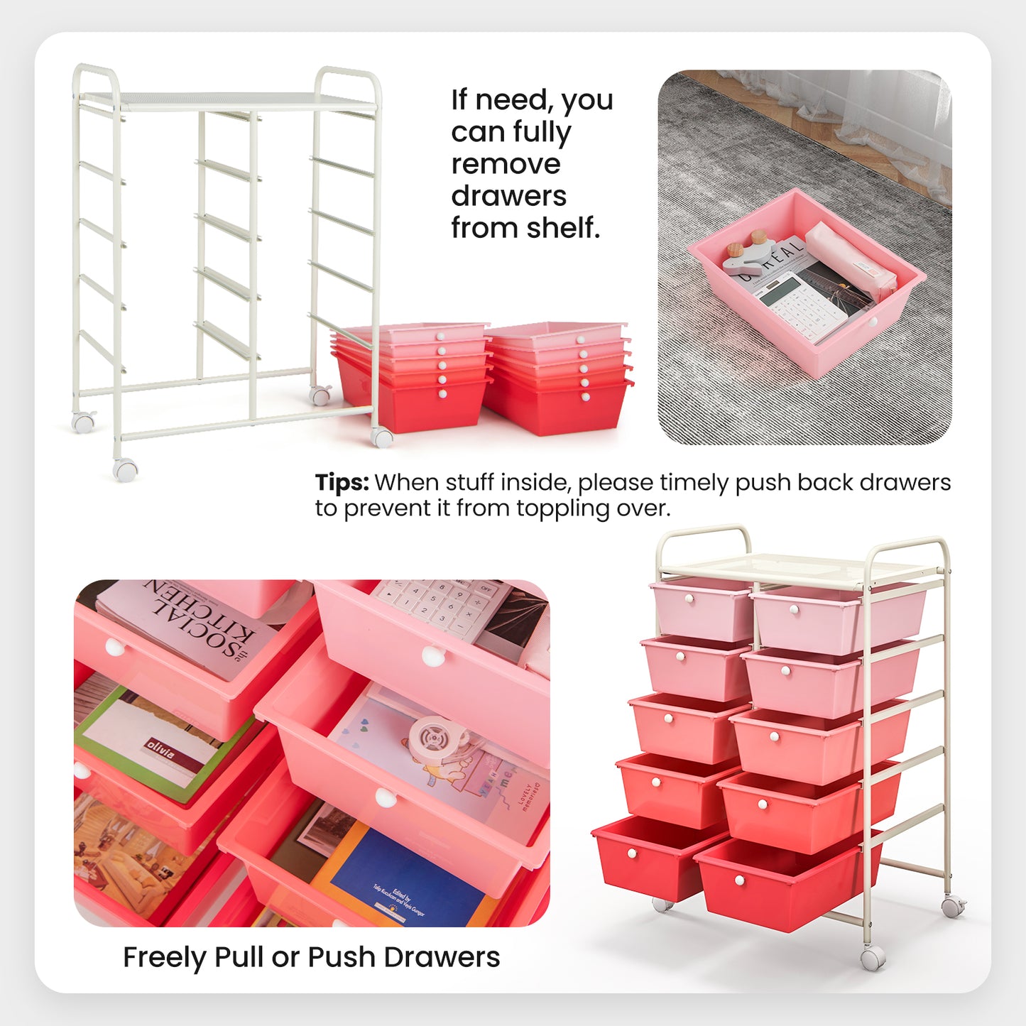 10-Drawer Rolling Storage Cart, Gradient, Pink File Cabinets at Gallery Canada