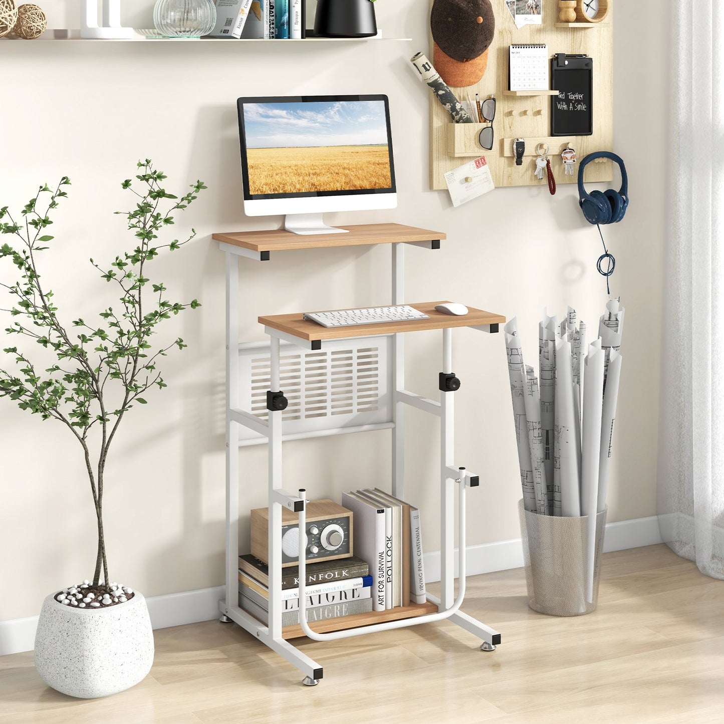 Standing Desk for Small Space Sit Stand Desk with Height Adjustable Desktop, Brown & White at Gallery Canada