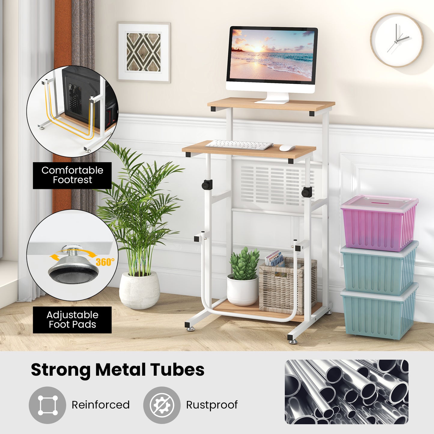 Standing Desk for Small Space Sit Stand Desk with Height Adjustable Desktop, Brown & White Laptop Tables & Printer Stands at Gallery Canada