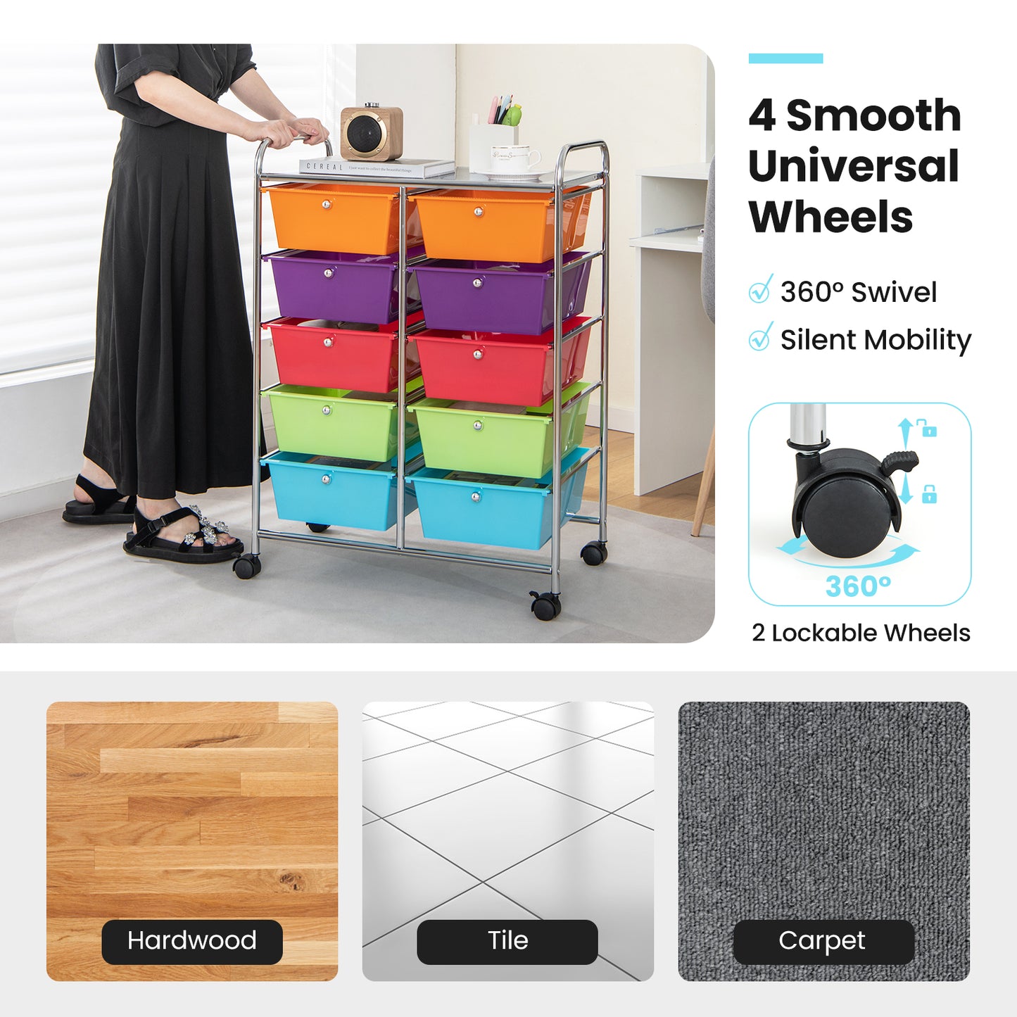 10-Drawer Rolling Storage Cart, Deep, Multicolor File Cabinets at Gallery Canada
