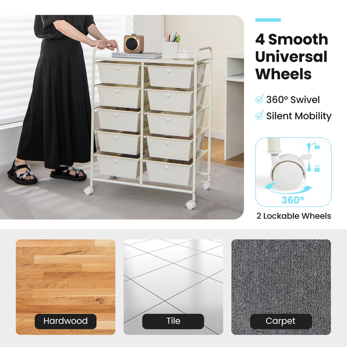 10-Drawer Rolling Storage Cart, White File Cabinets at Gallery Canada