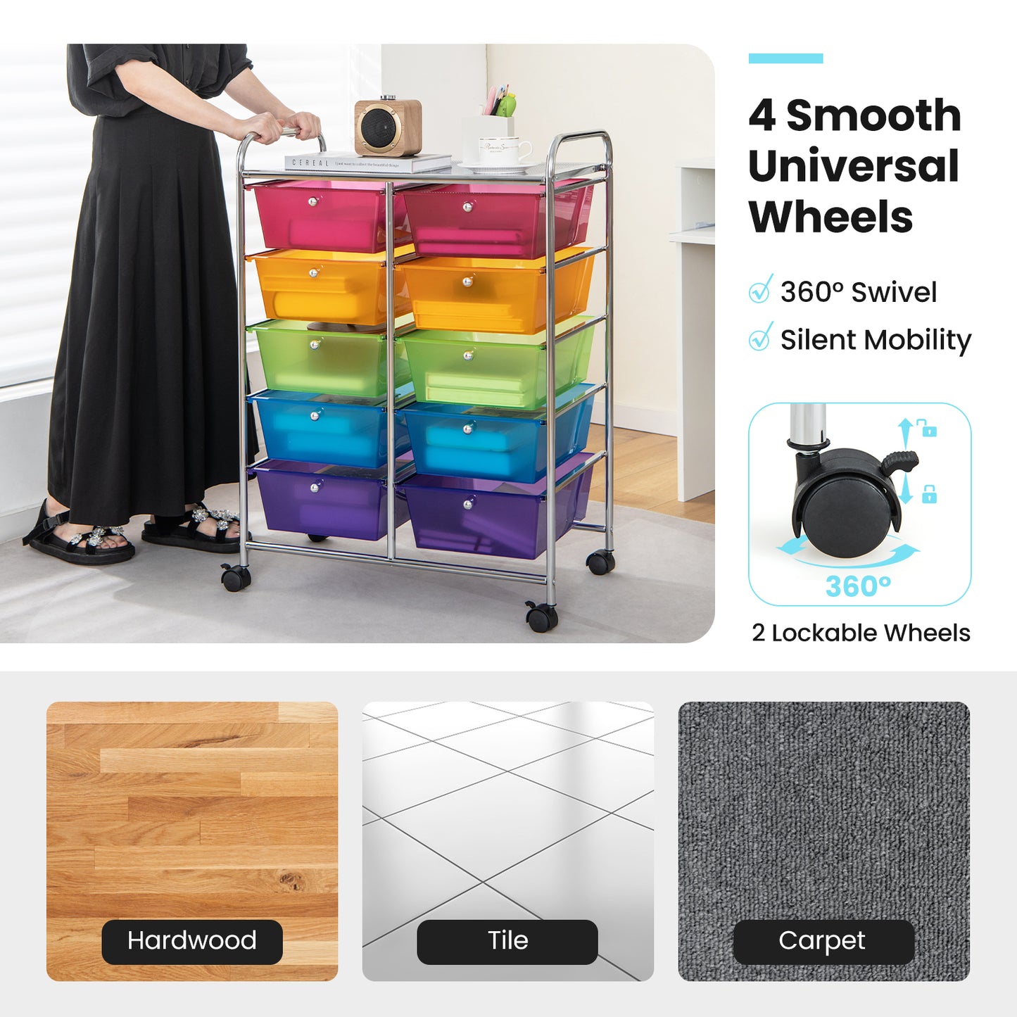 10-Drawer Rolling Storage Cart, Multicolor, Transparent File Cabinets at Gallery Canada