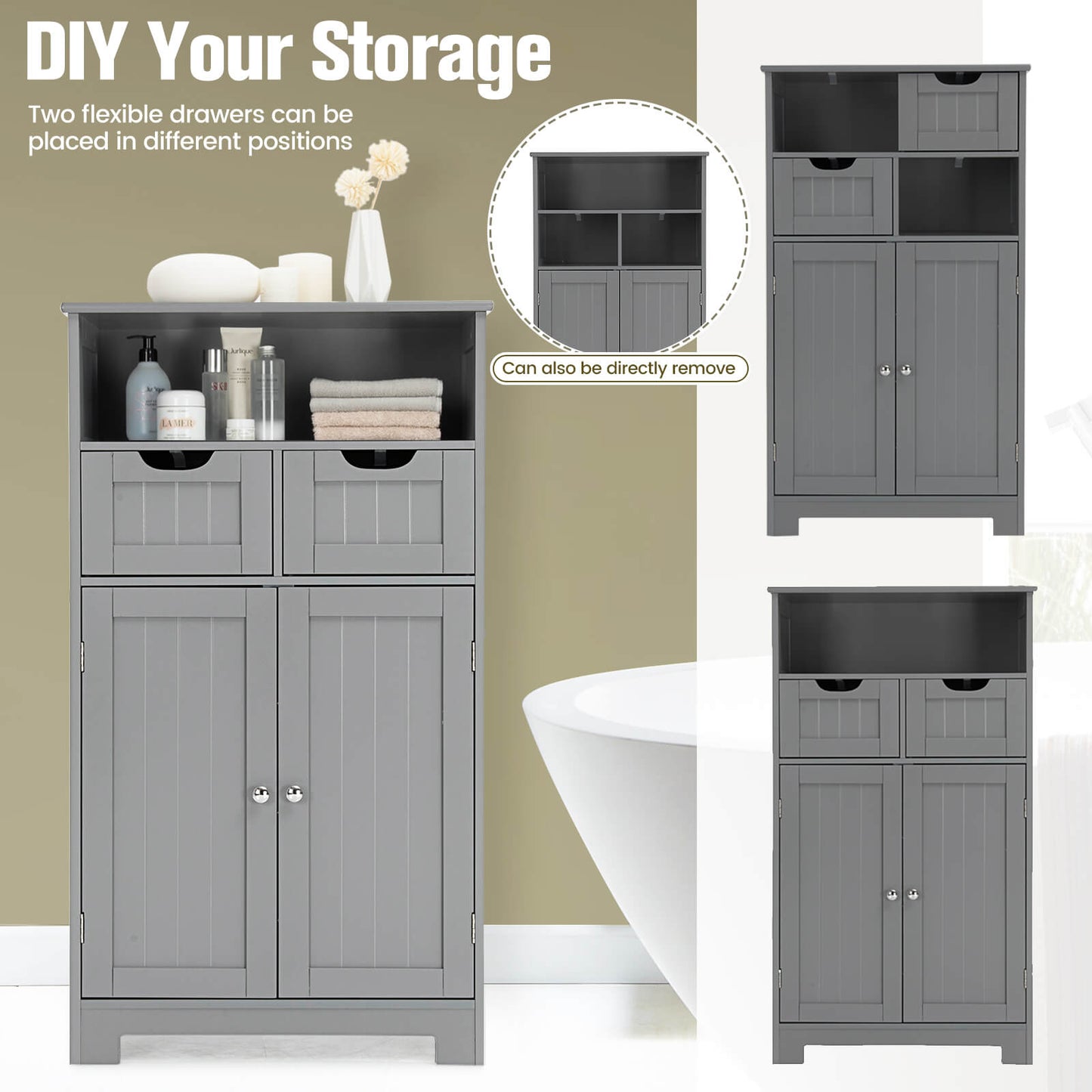 Wooden Bathroom Side Cabinet, 2 Drawers, 2 Doors, Gray