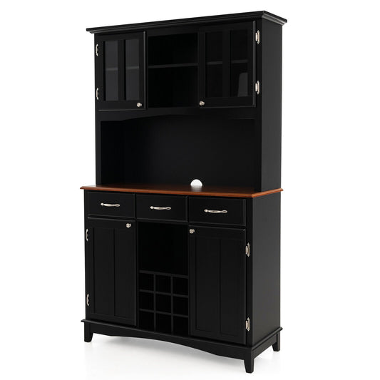 Kitchen Storage Cabinet Cupboard with Wine Rack and Drawers, Black