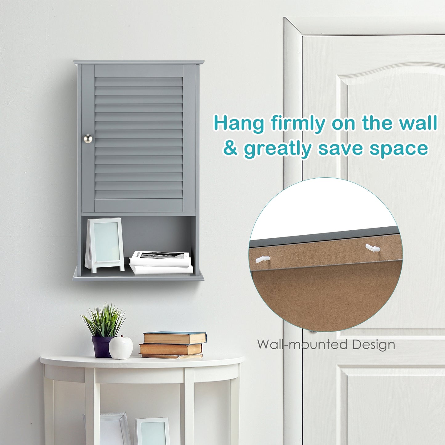 Bathroom Wall Mount Storage Cabinet Single Door with Height Adjustable Shelf, Gray Wall Cabinets at Gallery Canada