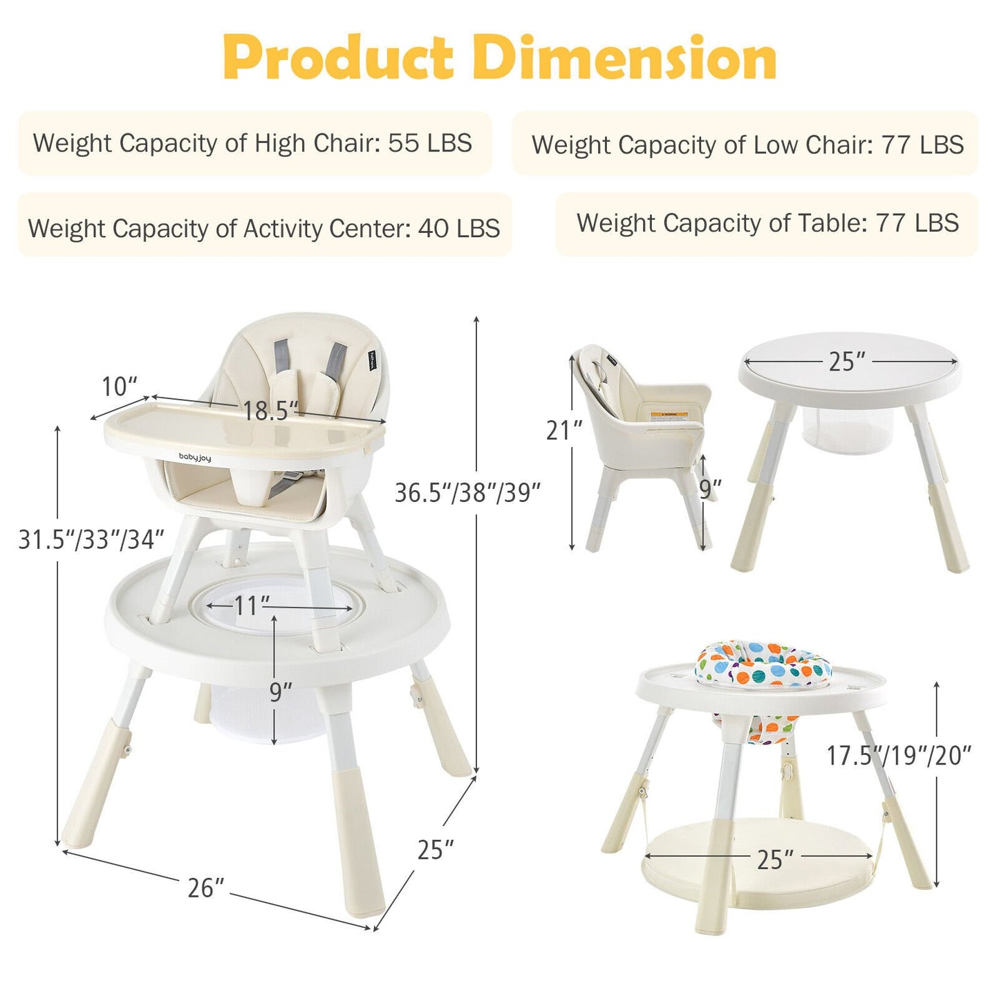 6-in-1 Baby High Chair Infant Activity Center with Height Adjustment, Beige