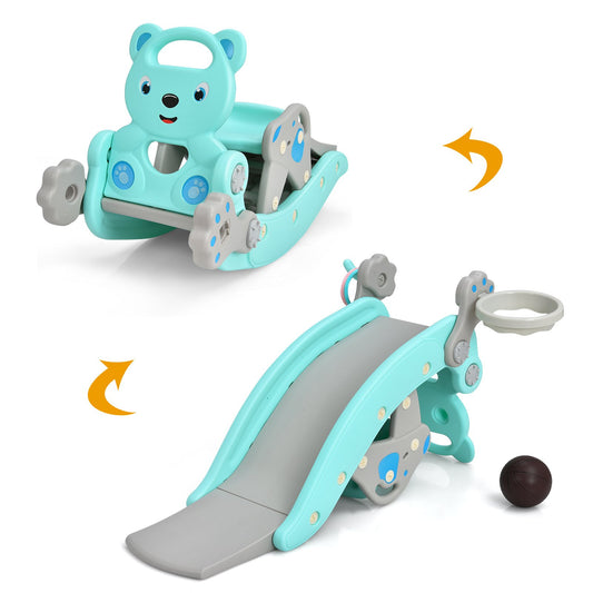 4-in-1 Toddler Slide and Rocking Horse Playset with Basketball Hoop, Blue