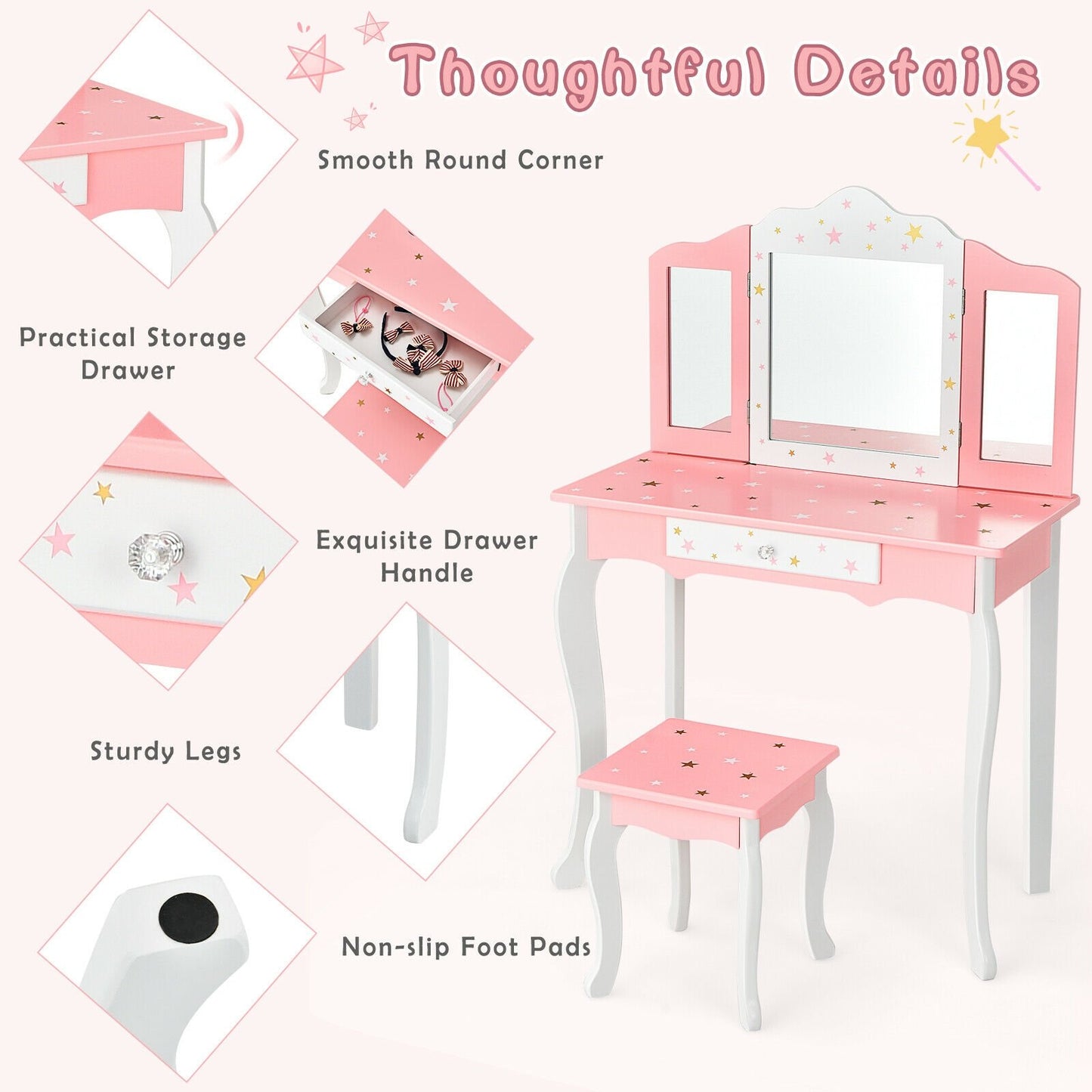 Kids Princess Vanity Table and Stool Set with Tri-folding Mirror and Drawer, Pink