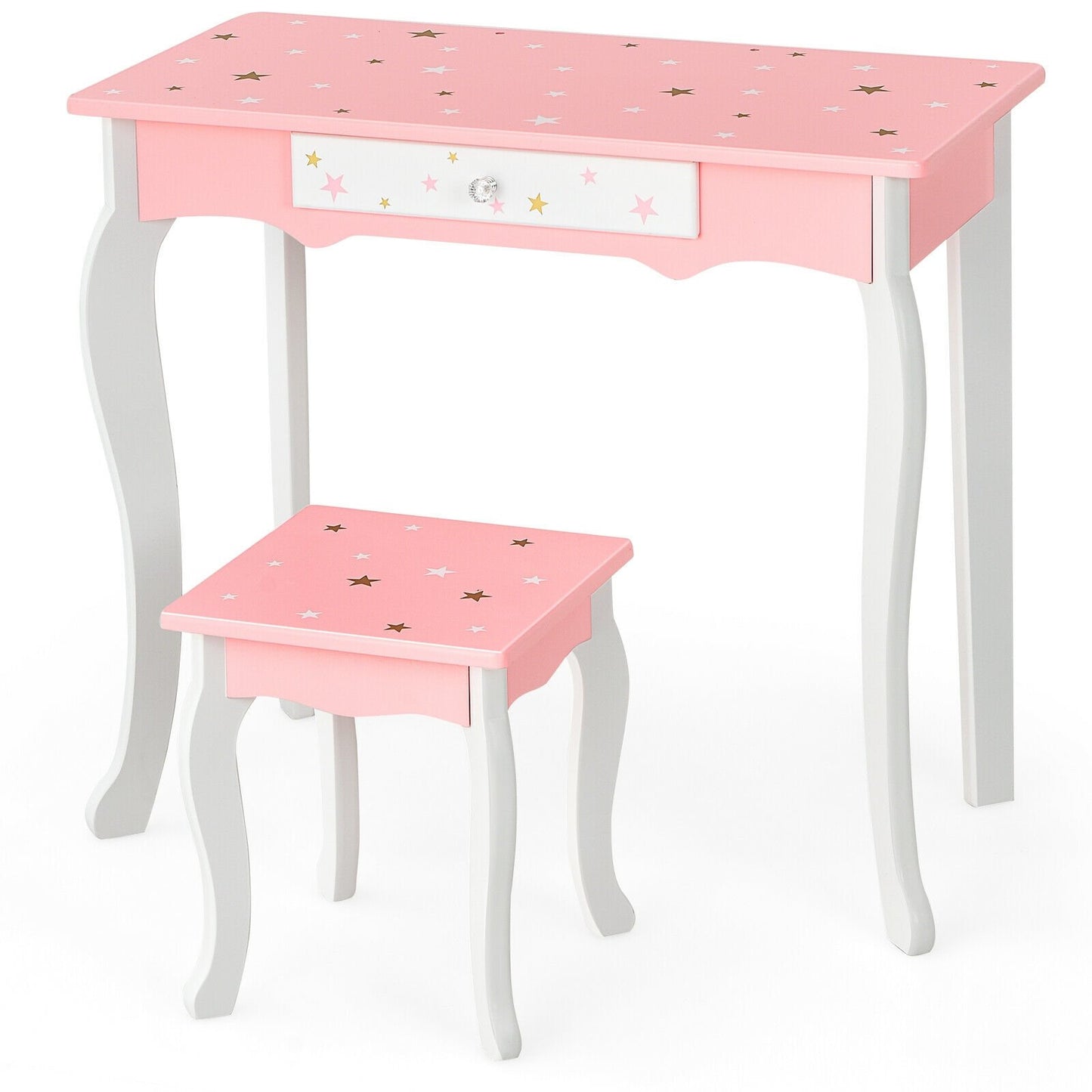 Kids Princess Vanity Table and Stool Set with Tri-folding Mirror and Drawer, Pink