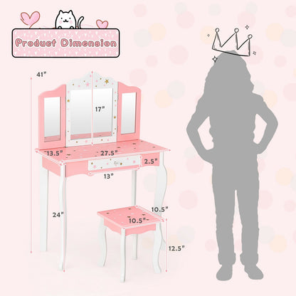 Kids Princess Vanity Table and Stool Set with Tri-folding Mirror and Drawer, Pink at Gallery Canada