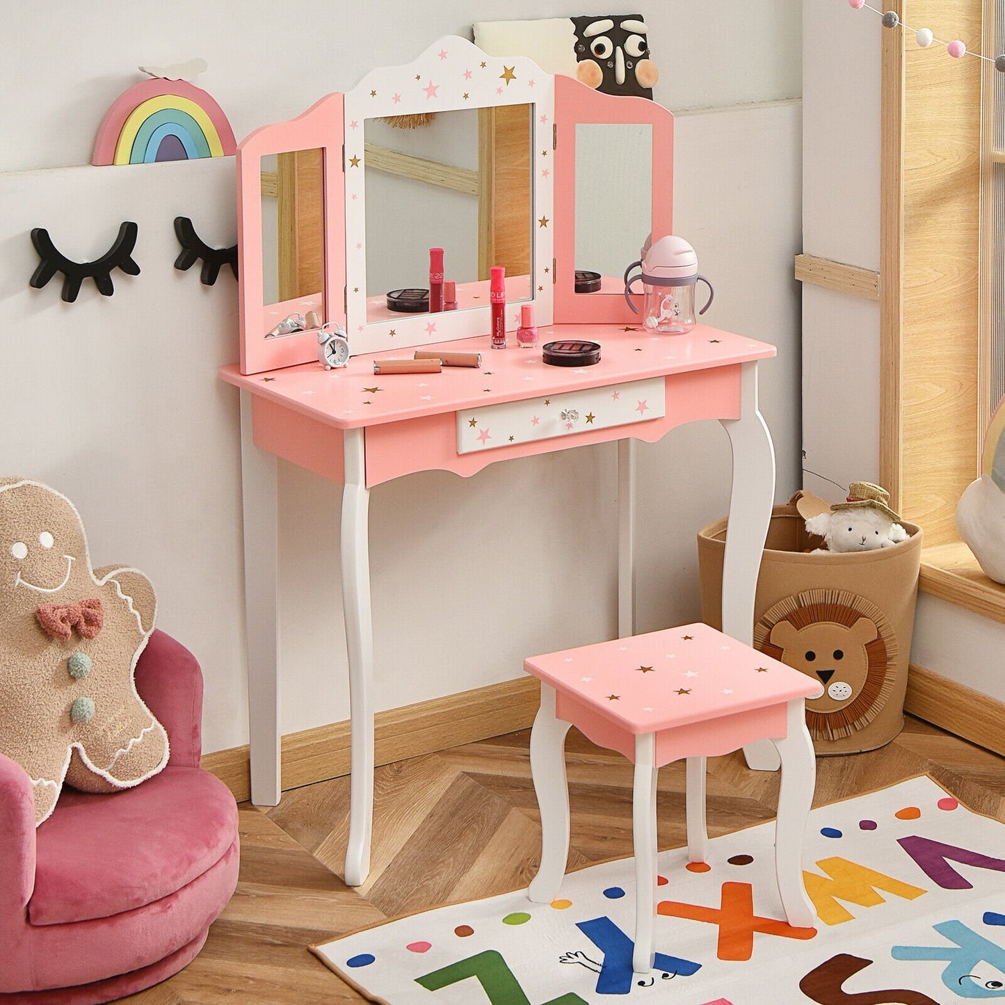 Kids Princess Vanity Table and Stool Set with Tri-folding Mirror and Drawer, Pink at Gallery Canada