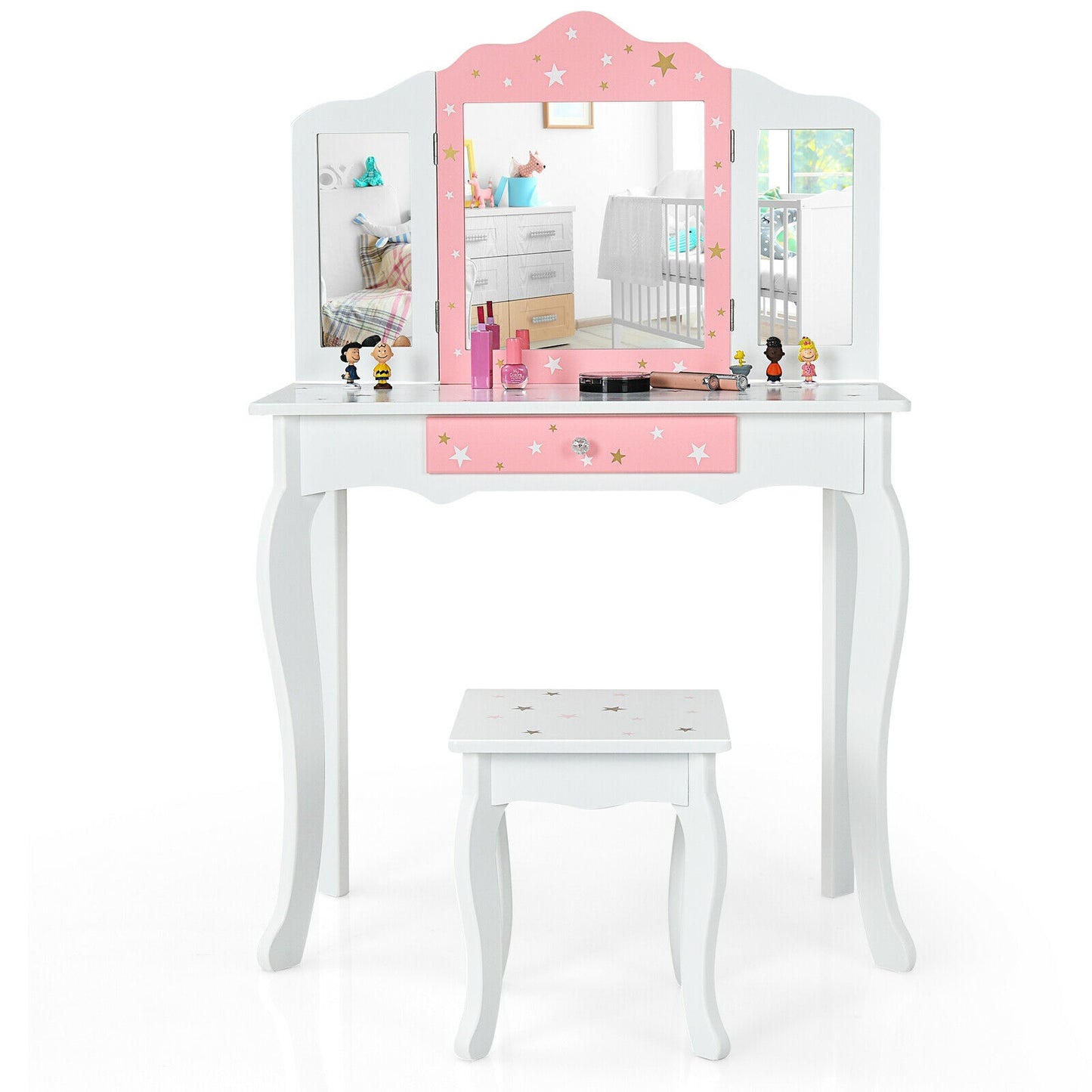 Kids Princess Vanity Table and Stool Set with Tri-folding Mirror and Drawer, White Kids Vanities at Gallery Canada