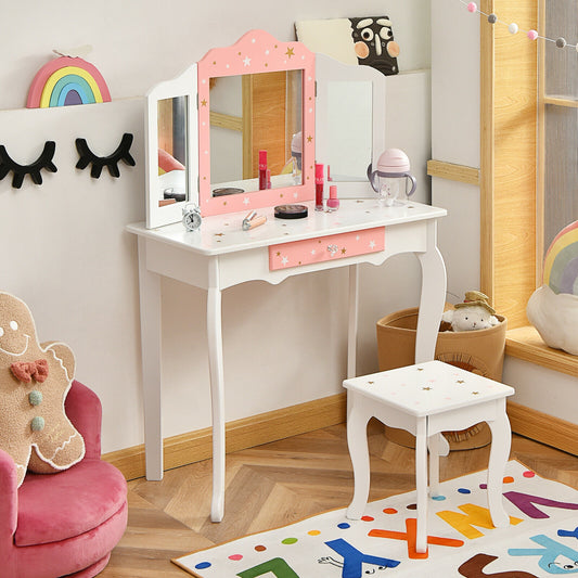 Kids Princess Vanity Table and Stool Set with Tri-folding Mirror and Drawer, White Kids Vanities White at Gallery Canada