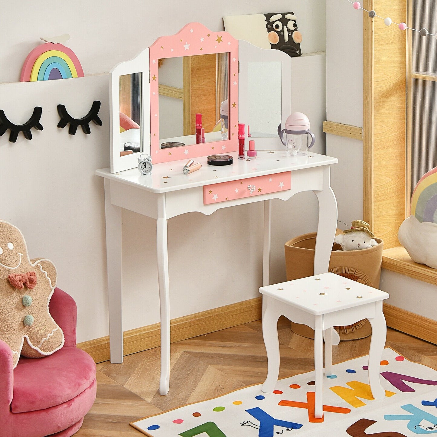 Kids Princess Vanity Table and Stool Set with Tri-folding Mirror and Drawer, White