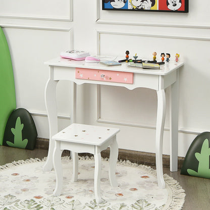 Kids Princess Vanity Table and Stool Set with Tri-folding Mirror and Drawer, White